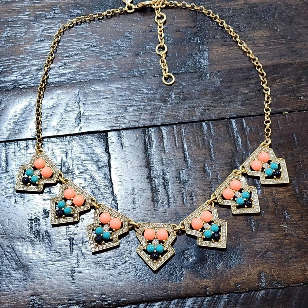 J. Crew gold peach and teal art‎ deco vintage vibes necklace
